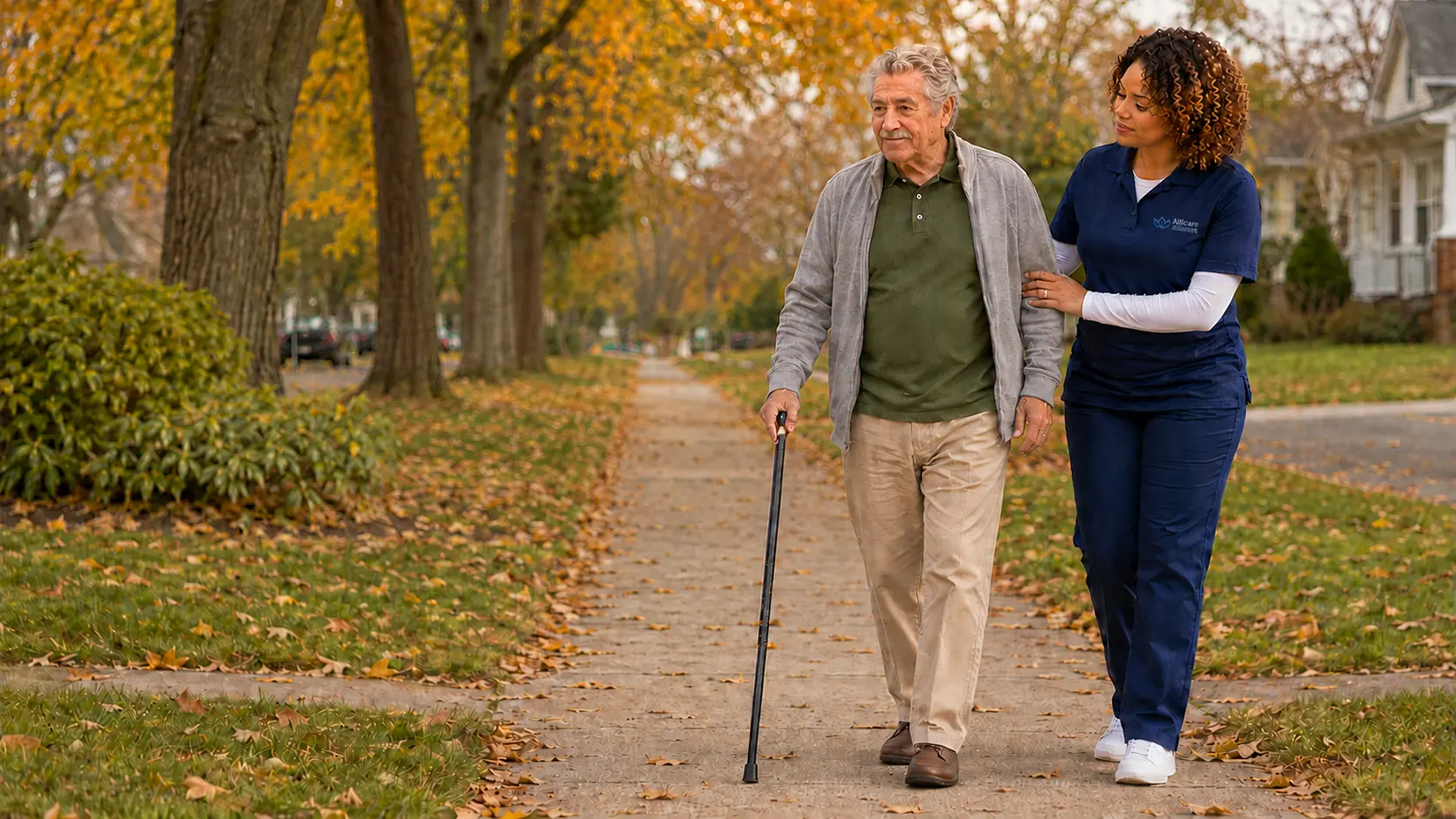Allcare caregiver helping an older adult walk safely with a cane