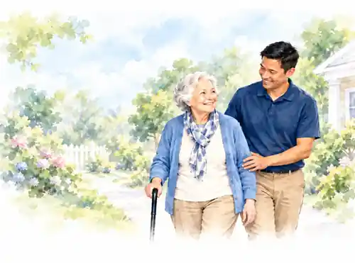 Older adult walking with a supportive caregiver